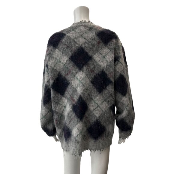 $680 NWT R13 Gray Plaid Argyle Fluffy Oversized Distressed Cardigan Sweater L - Picture 6 of 9